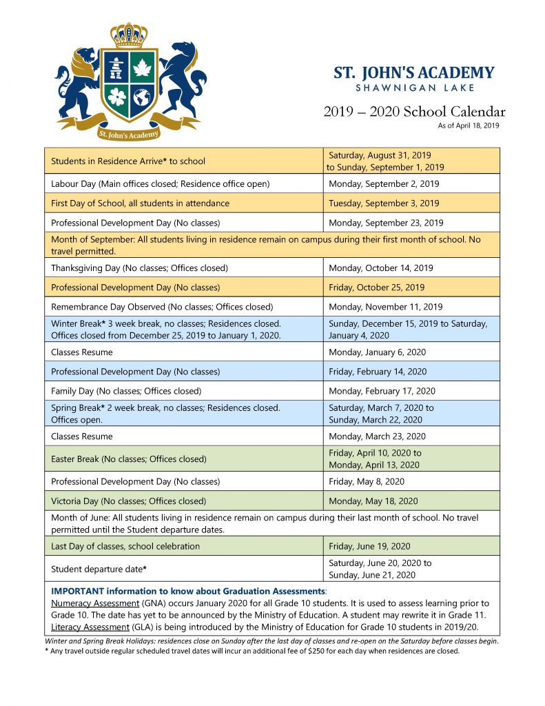 Student Calendar St John s Academy Shawnigan Lake